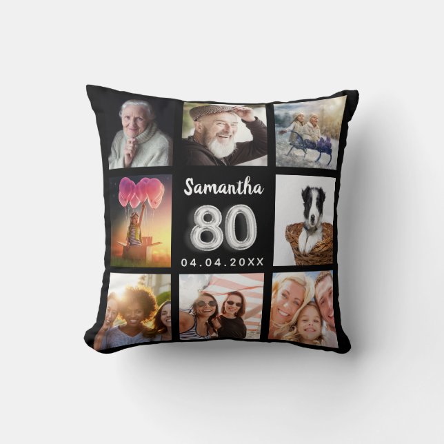 80th birthday black silver custom photo collage throw pillow (Front)