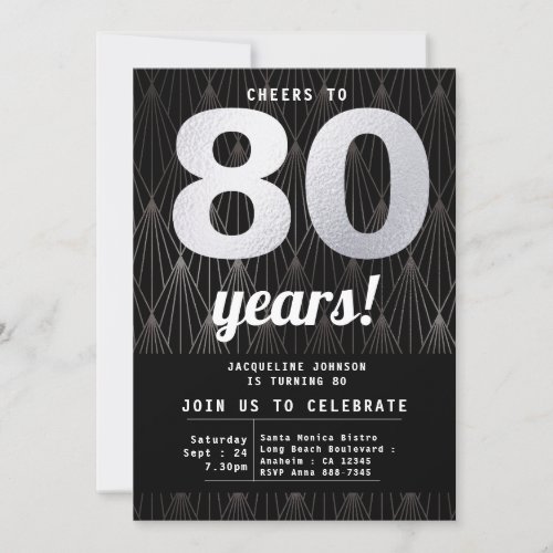 80th Birthday Black Silver Party Invitation