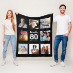 80th birthday black silver photo collage name fleece blanket<br><div class="desc">A unique gift for a 80th birthday, celebrating her life with a collage of 8 of your own photos, pictures. Personalize and add her name and a date. A chic black background. The name is written with a modern hand lettered style script. Number 80 with faux silver balloon style font....</div>