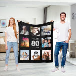 80th birthday black silver photo collage name fleece blanket<br><div class="desc">A unique gift for a 80th birthday, celebrating her life with a collage of 8 of your own photos, pictures. Personalize and add her name and a date. A chic black background. The name is written with a modern hand lettered style script. Number 80 with faux silver balloon style font....</div>