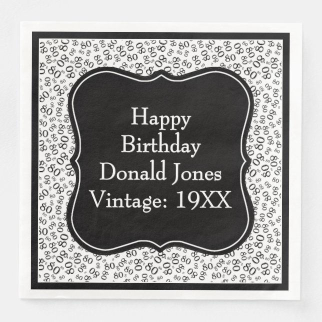 80th Birthday Black/White Bracket Number Pattern Paper Dinner Napkins (Front)