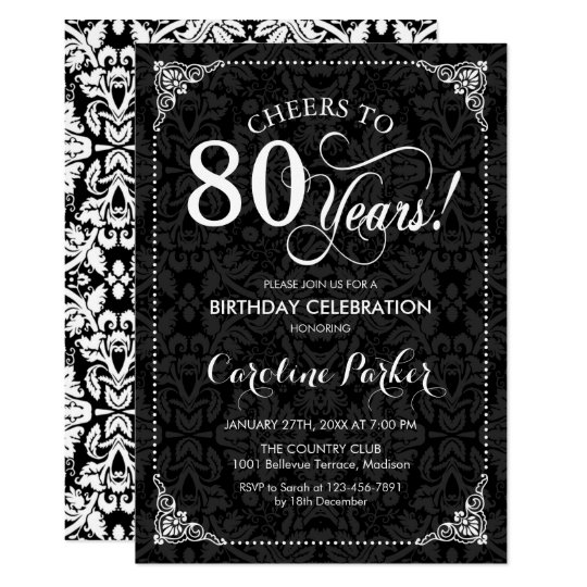 80th Birthday Black White Damask Invitation