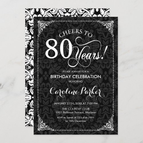 80th Birthday _ Black White Damask Invitation