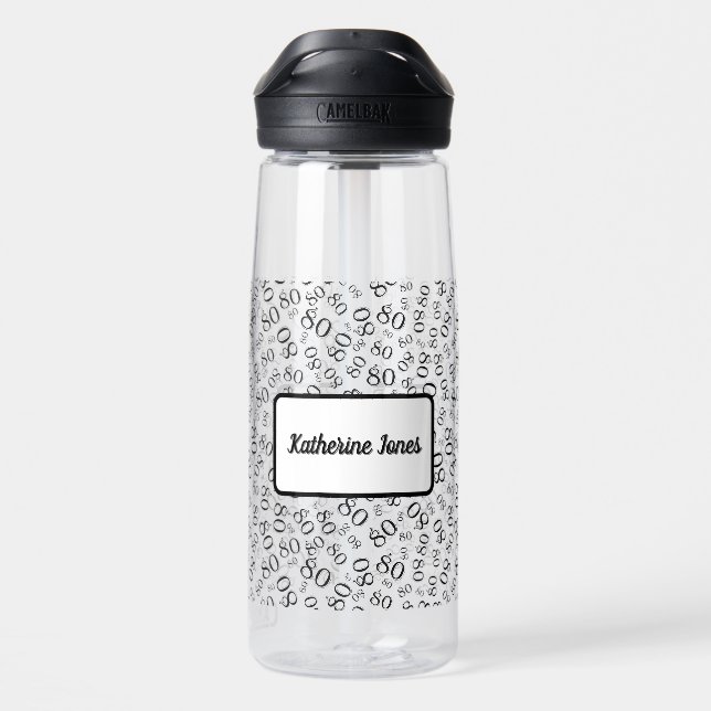 80th Birthday Black & White Random Number Pattern Water Bottle (Back)