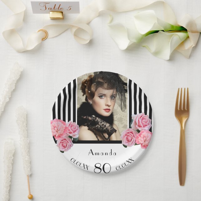 80th birthday black white stripes florals photo paper plates (Wedding)