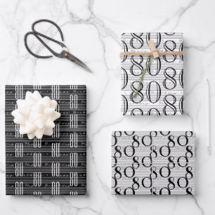 80th Birthday Black White Typography Numbers Wrapping Paper Sheets