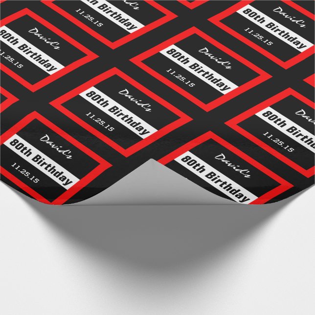 80th Birthday Black with Red Frame Custom A01E Wrapping Paper (Corner)
