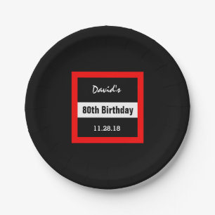 80th Birthday Black with Red Frame Custom A16 Paper Plates
