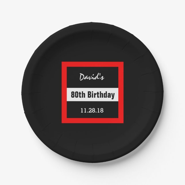 80th Birthday Black with Red Frame Custom A16 Paper Plates (Front)