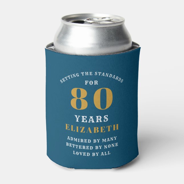 80th Birthday Blue And Gold Add Your Name Can Cooler (Can Front)