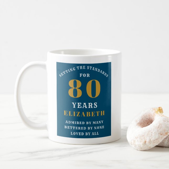 80th Birthday Blue And Gold Add Your Name Coffee Mug (With Donut)