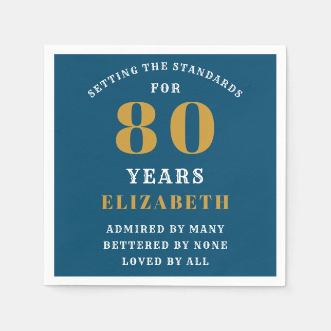 80th Birthday Blue And Gold Add Your Name Napkins (Front)