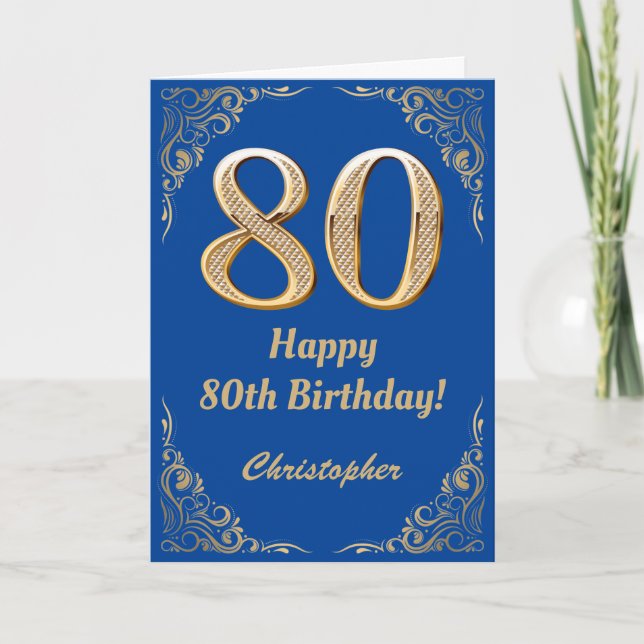 80th Birthday Blue and Gold Glitter Frame Card (Front)