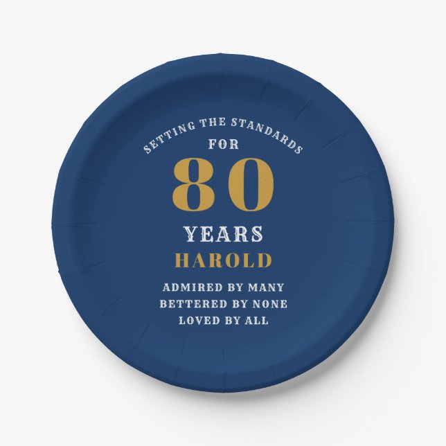 80th Birthday Blue and Gold  Paper Plates (Front)