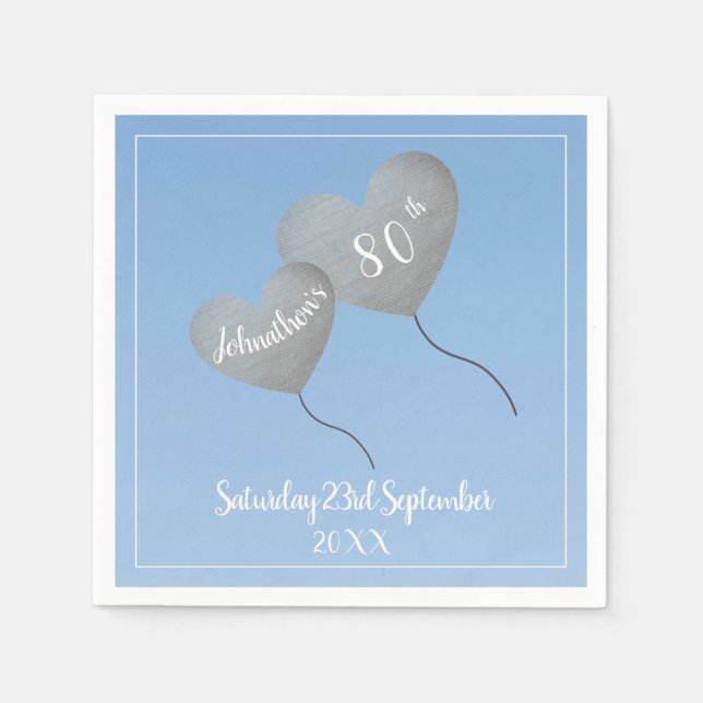 80th birthday blue balloon napkin (Front)