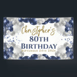 80th Birthday Blue Balloons Party Welcome Banner<br><div class="desc">A gorgeous navy and silver balloon 80th birthday party banner. This fabulous design is the perfect way to congratulate someone on their eightieth birthday (or any age!). Personalize with our own custom name. Blue and gold colored typography and gorgeous navy blue and silver balloons.</div>