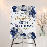 80th Birthday Blue Balloons Party Welcome Foam Board<br><div class="desc">A gorgeous navy and silver balloon 80th birthday party welcome sign. This fabulous design is the perfect way to welcome guests to an eightieth birthday (or any age!) party. Personalize with our own custom name. Blue and gold colored typography and gorgeous navy blue and silver balloons.</div>