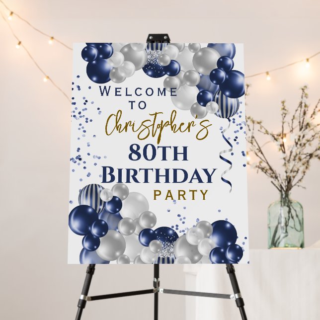 80th Birthday Blue Balloons Party Welcome Foam Board (In Situ (Stand))