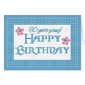 80th Birthday, Blue Check Gingham Pattern Cards (Front Horizontal)