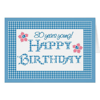 80th Birthday, Blue Check Gingham Pattern Cards