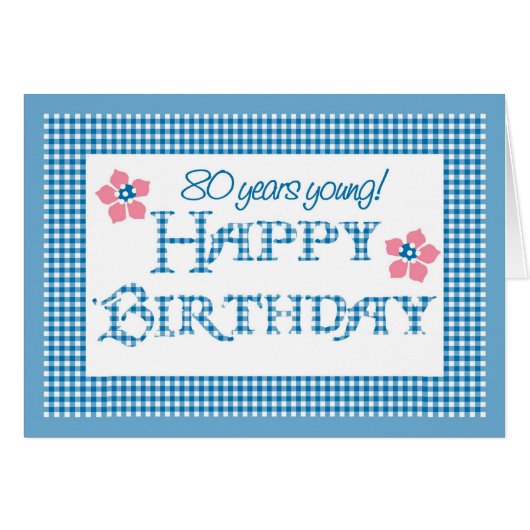 80th Birthday, Blue Check Gingham Pattern Cards (Front Horizontal)