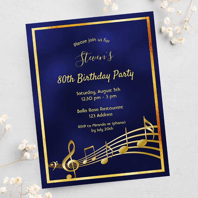 80th birthday blue gold music notes invitation (Creator Uploaded)