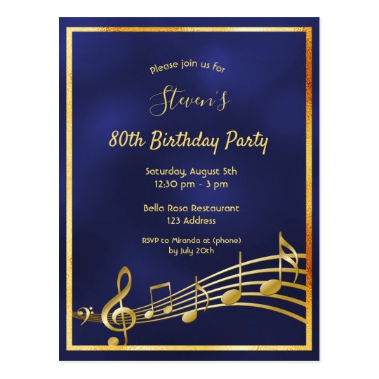 80th birthday blue gold music notes invitation | Zazzle.com