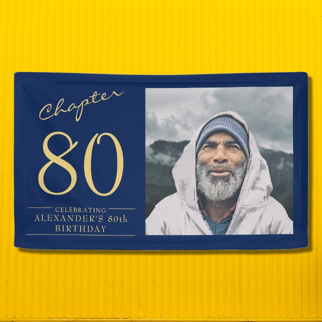 80th Birthday Blue Gold Photo Banner (Personalized 80th Birthday party banner with your favorite photo.)