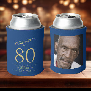 80th Birthday Blue Gold Photo Template Can Cooler