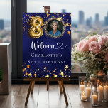 80th Birthday blue gold stars photo welcome Foam Board<br><div class="desc">A welcome board for a 80th birthday party.  A navy blue background with elegant faux gold stars. The blue color is uneven.  Personalize and add a photo,  name and text.  White letters. 
Back: no design</div>