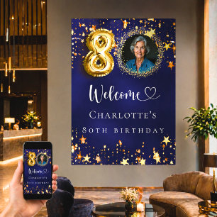 80th Birthday blue gold stars photo welcome Poster