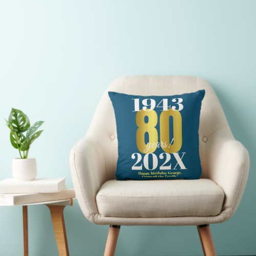 80th Birthday Blue Gold Throw Pillow