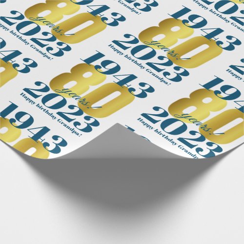 80th Birthday Blue Gold Wrapping Paper