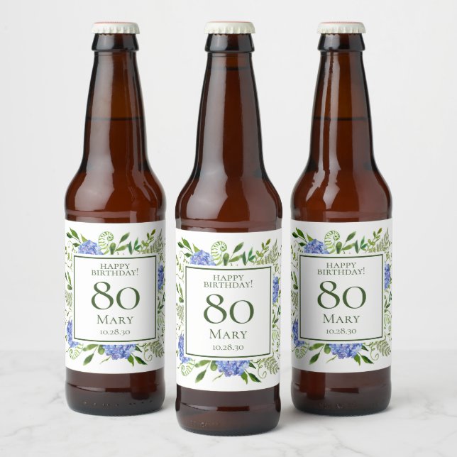 80th Birthday Blue Hydrangeas Beer Bottle Label (Bottles)