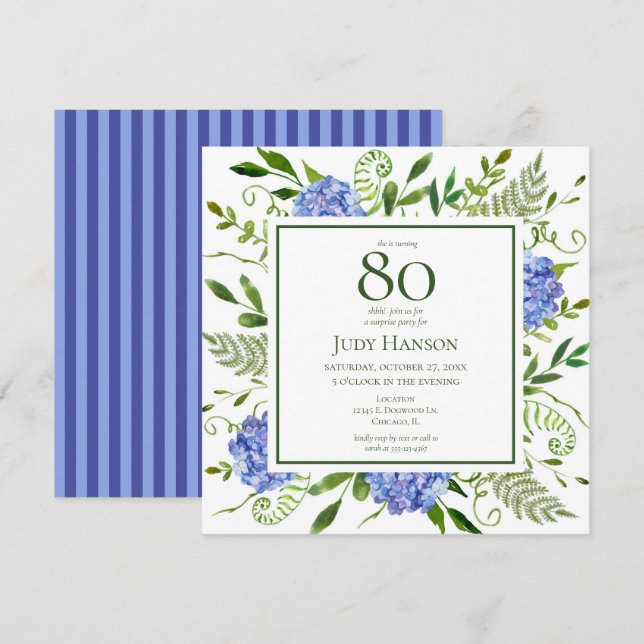 80th Birthday Blue Hydrangeas Floral Watercolor Invitation (Front/Back)