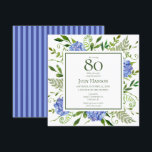 80th Birthday Blue Hydrangeas Floral Watercolor Invitation<br><div class="desc">This blue hydrangea 80th birthday surprise party/bunch invitation is whimsical and stunning! With its watercolor multi-hued blue hydrangeas, wispy natural greenery, and coordinating blue striped back it is perfect for celebrating your wife, mom, sister, aunt, friend, grandmother. By selecting Personalize this template and typing in your information you can see...</div>