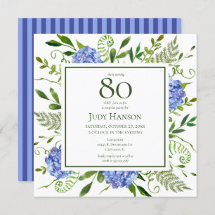 80th Birthday Blue Hydrangeas Floral Watercolor Invitation