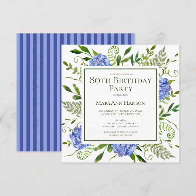 80th Birthday Blue Hydrangeas Floral Watercolor Invitation (Front/Back)