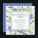 80th Birthday Blue Hydrangeas Floral Watercolor Invitation<br><div class="desc">This blue hydrangea 80th birthday party/bunch invitation is whimsical and stunning! With its watercolor multi-hued blue hydrangeas, wispy natural greenery, and coordinating blue striped back it is perfect for any young woman you love. By selecting Personalize this template and typing in your information you can see your gorgeous invitations in...</div>