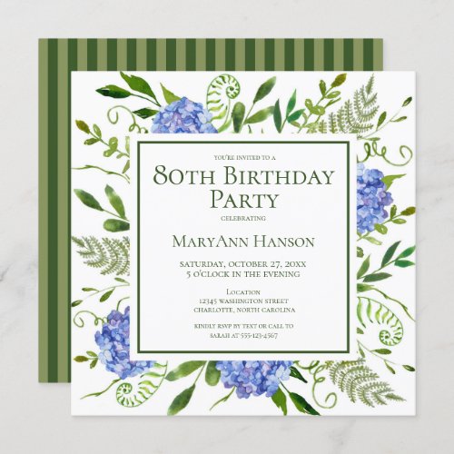 80th Birthday Blue Hydrangeas Floral Watercolor Invitation