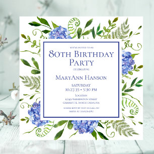 80th Birthday Blue Hydrangeas Floral Watercolor Invitation