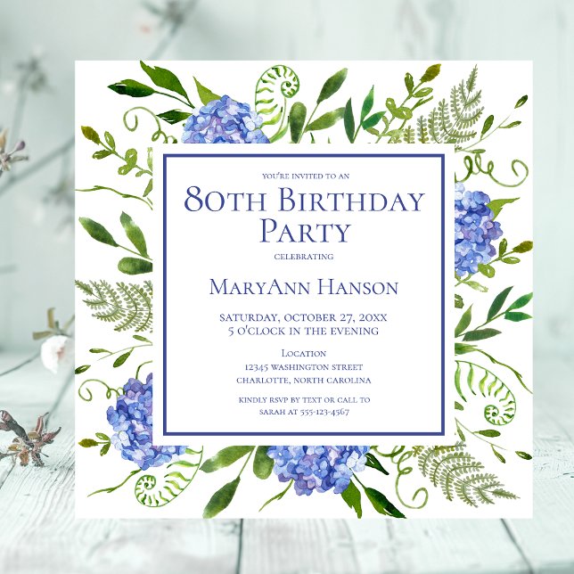 80th Birthday Blue Hydrangeas Floral Watercolor Invitation (Creator Uploaded)
