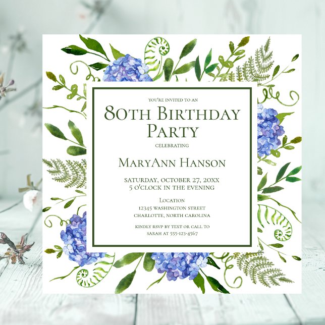 80th Birthday Blue Hydrangeas Floral Watercolor Invitation (Creator Uploaded)