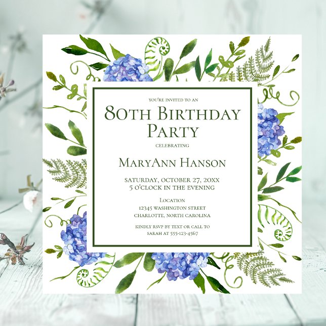 80th Birthday Blue Hydrangeas Floral Watercolor Invitation (Creator Uploaded)