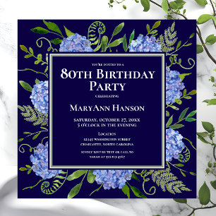 80th Birthday Blue Hydrangeas Floral Watercolor Invitation