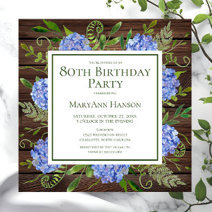 80th Birthday Blue Hydrangeas Floral Watercolor Invitation