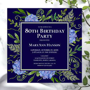 80th Birthday Blue Hydrangeas Floral Watercolor Invitation