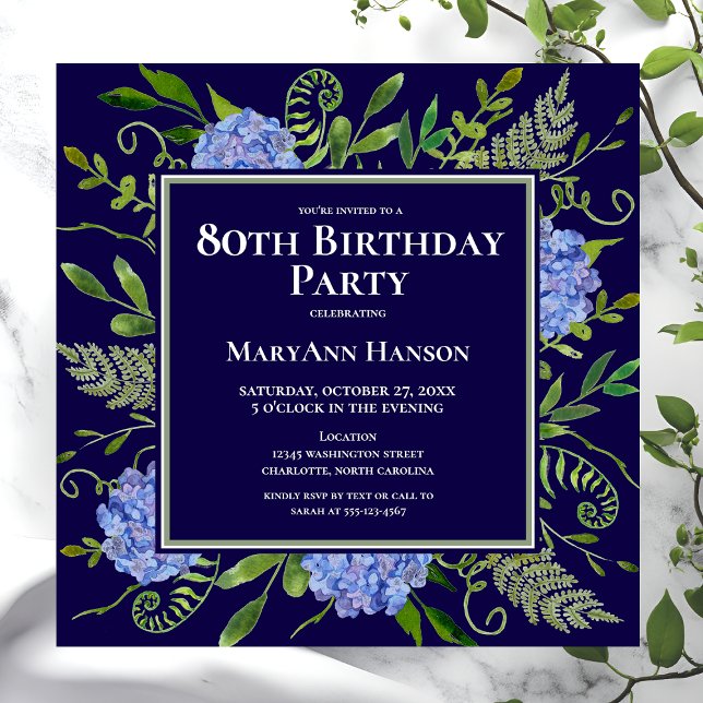 80th Birthday Blue Hydrangeas Floral Watercolor Invitation (Creator Uploaded)