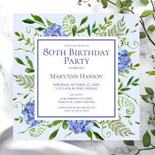 80th Birthday Blue Hydrangeas Floral Watercolor Invitation