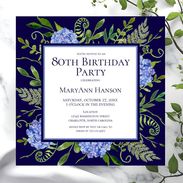 80th Birthday Blue Hydrangeas Floral Watercolor Invitation (Creator Uploaded)